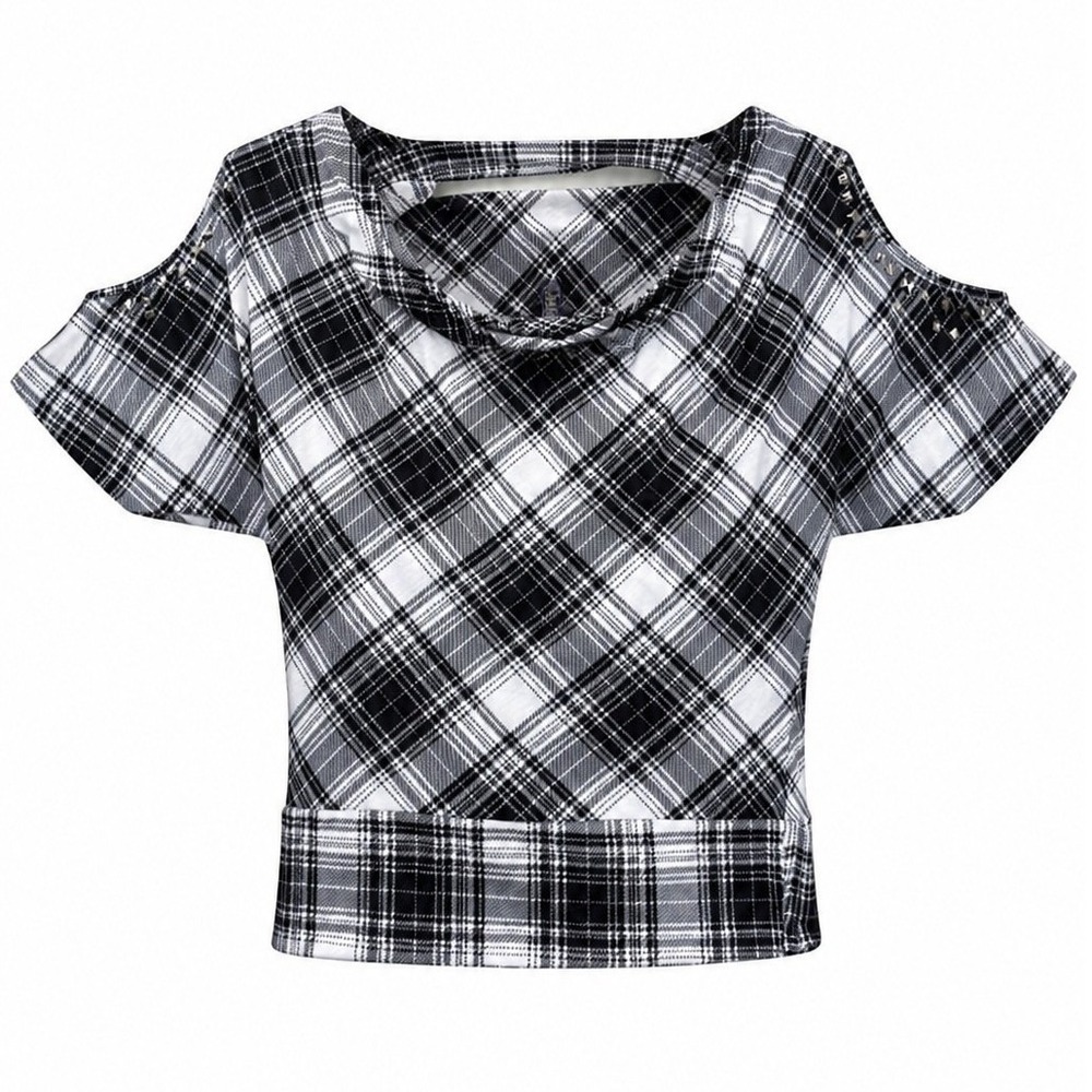 Kouture by Kimora Top Women XL Cold Shoulder Black White Plaid Punk Y2K Studs